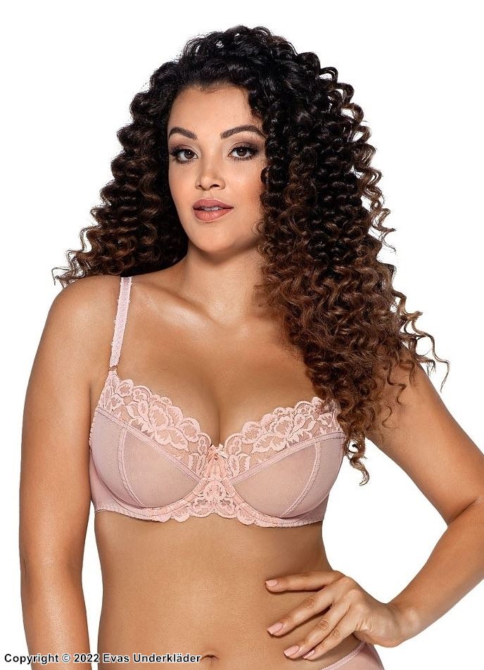 Romantic big cup bra, lace overlay, partially sheer cups, B to J-cup